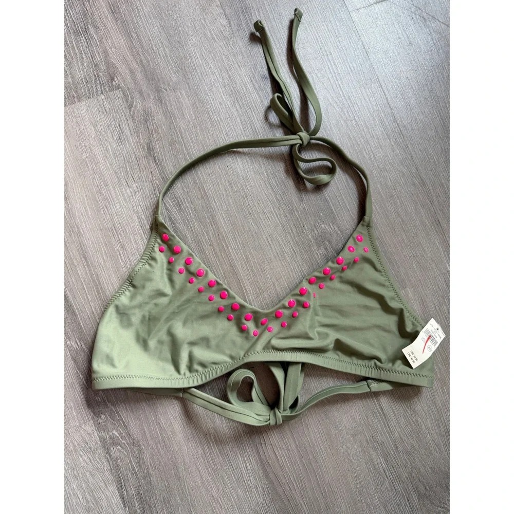 American Eagle Real Good Olive Green Pink Studded Triangle Bikini Top Large NWT